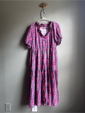 Simply Southern Pink Floral Tiered Midi Dress Seahorse Large - Never Worn